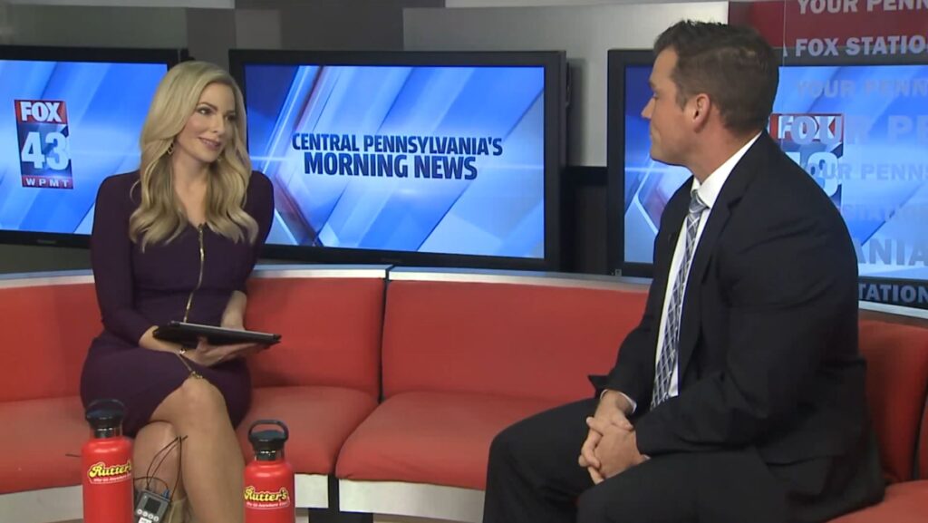 TJ-Workers-Comp-9.27.19 Attorney TJ Sabatino from GLS Injury Law on the set of FOX43 discussing Workers' Comp and how to file a claim.