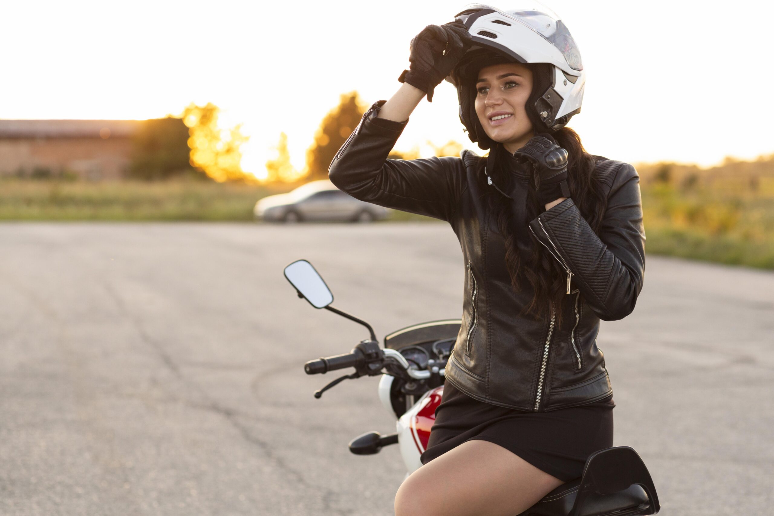 smiley woman with helmet sitting her motorcycle